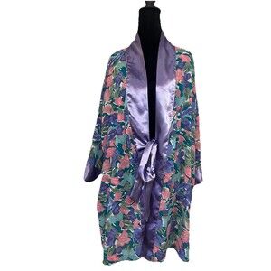VTG 80s VICTORIA’S SECRET Gold Label Purple Floral Satin Short Kimono Robe OS